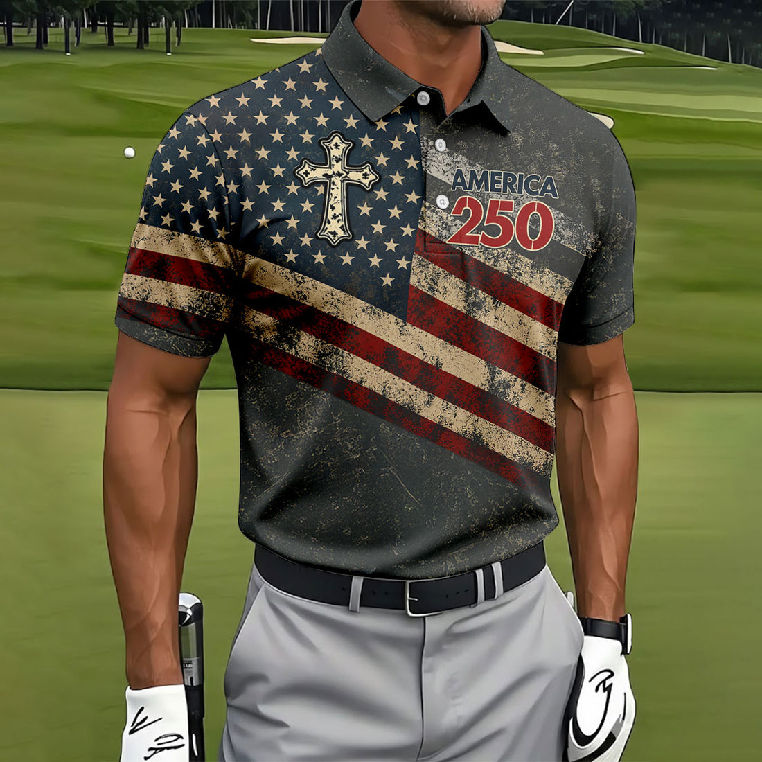 Vintage American Flag Cross Polo Shirt for Men, America 250 Years Patriotic Golf Tee, Grunge USA Flag Faith Christian Men's Polo Top