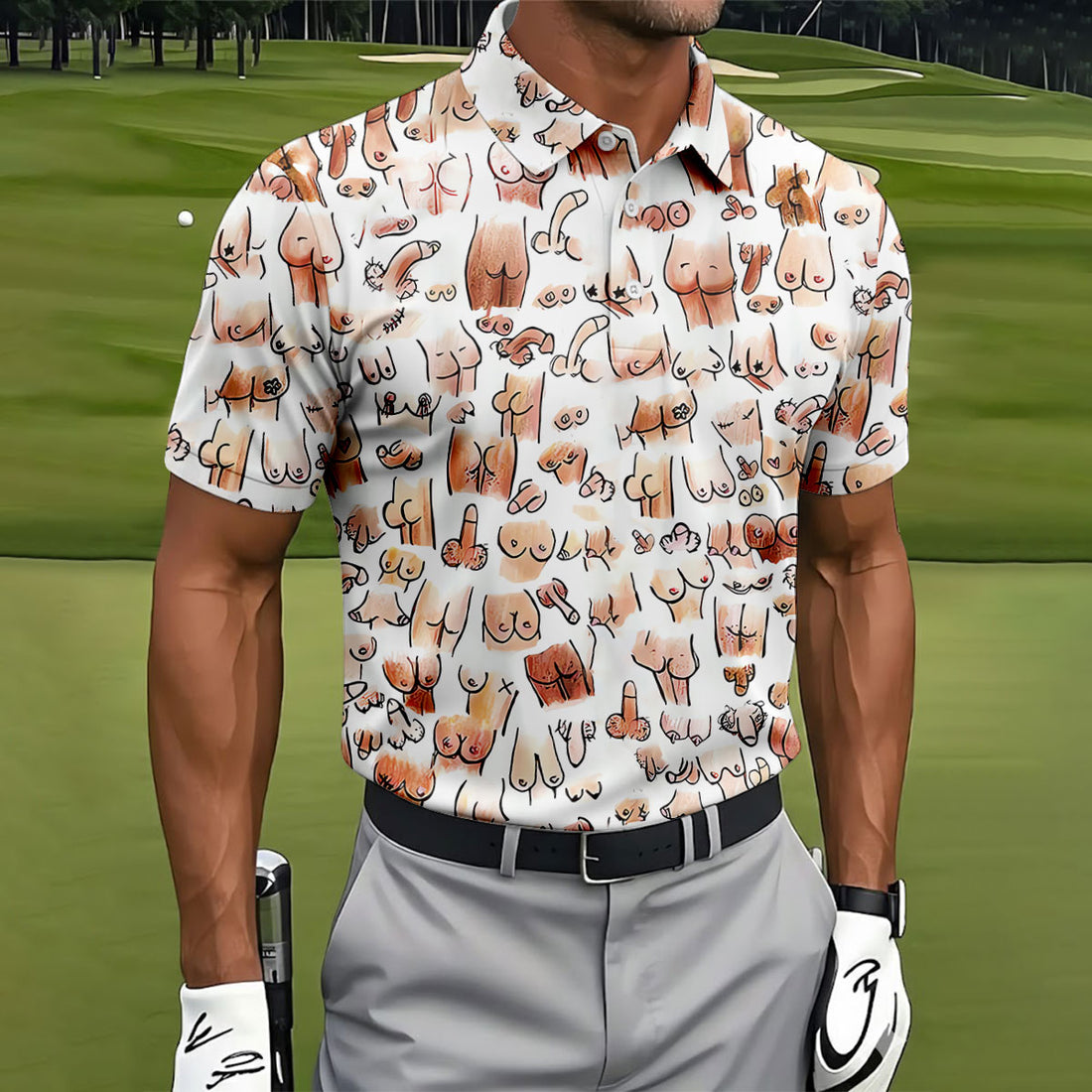 Adult Humor Men's Golf Shirt, Funny Body Doodle Pattern Polo Shirt, Novelty Golf Gift For Men