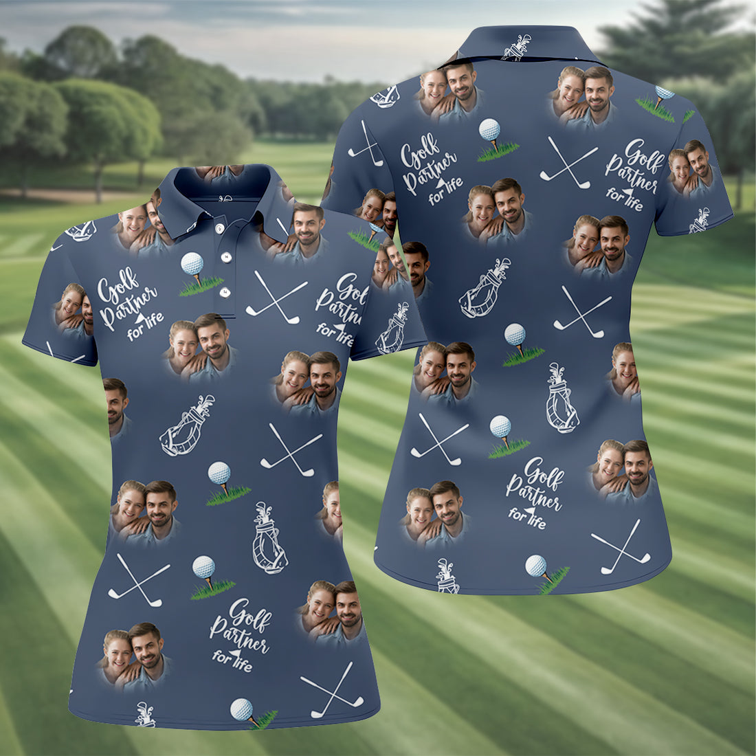 Golf Partner For Life Custom Photo Navy Golf Shirt, Valentines Golf Gift, Women Golf Top, Ladies Golf Polos