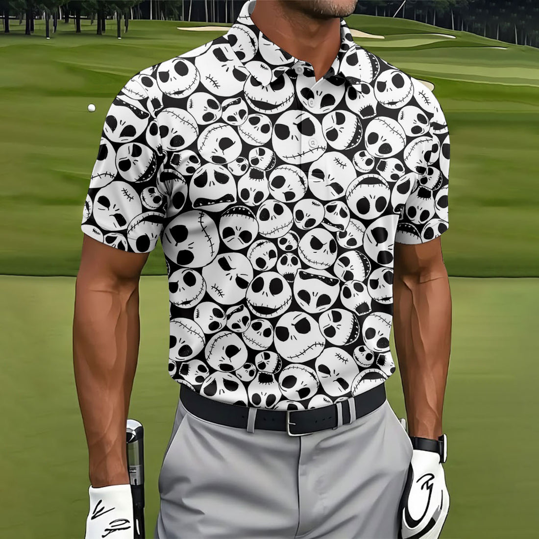 Horror Character Skull Face All Over Halloween Polo Shirt, Golf Apparel For Men, Mens Polo Shirts