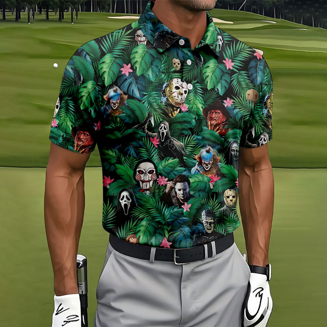 Tropical Horror Character Pattern Halloween Shirt, Mens Golf Shirts, Hawaiian Golf Shirt