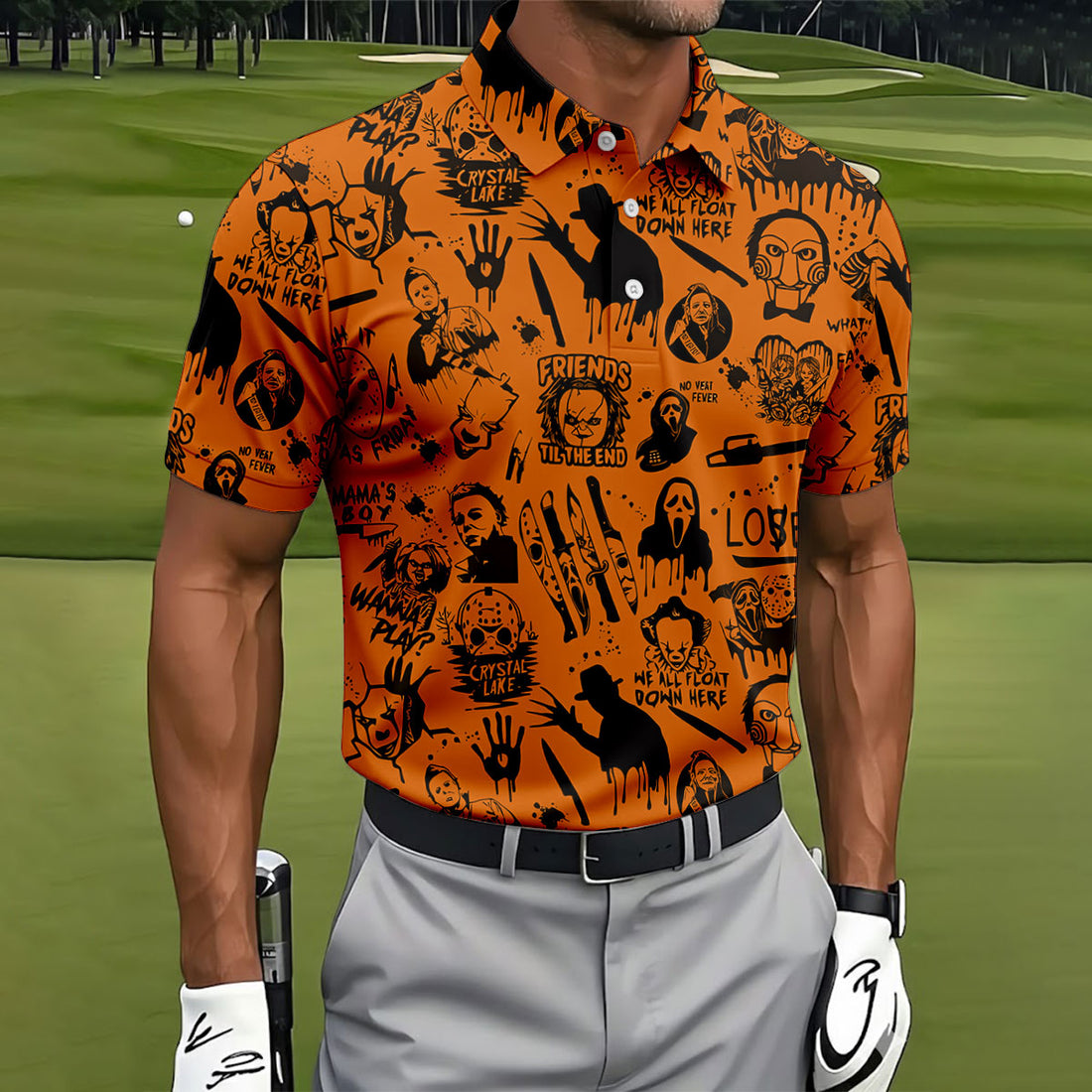 Orange Horror Character Icons Pattern Golf Polo Shirt for Halloween, Mens Golf Polo, Printed Golf Shirts