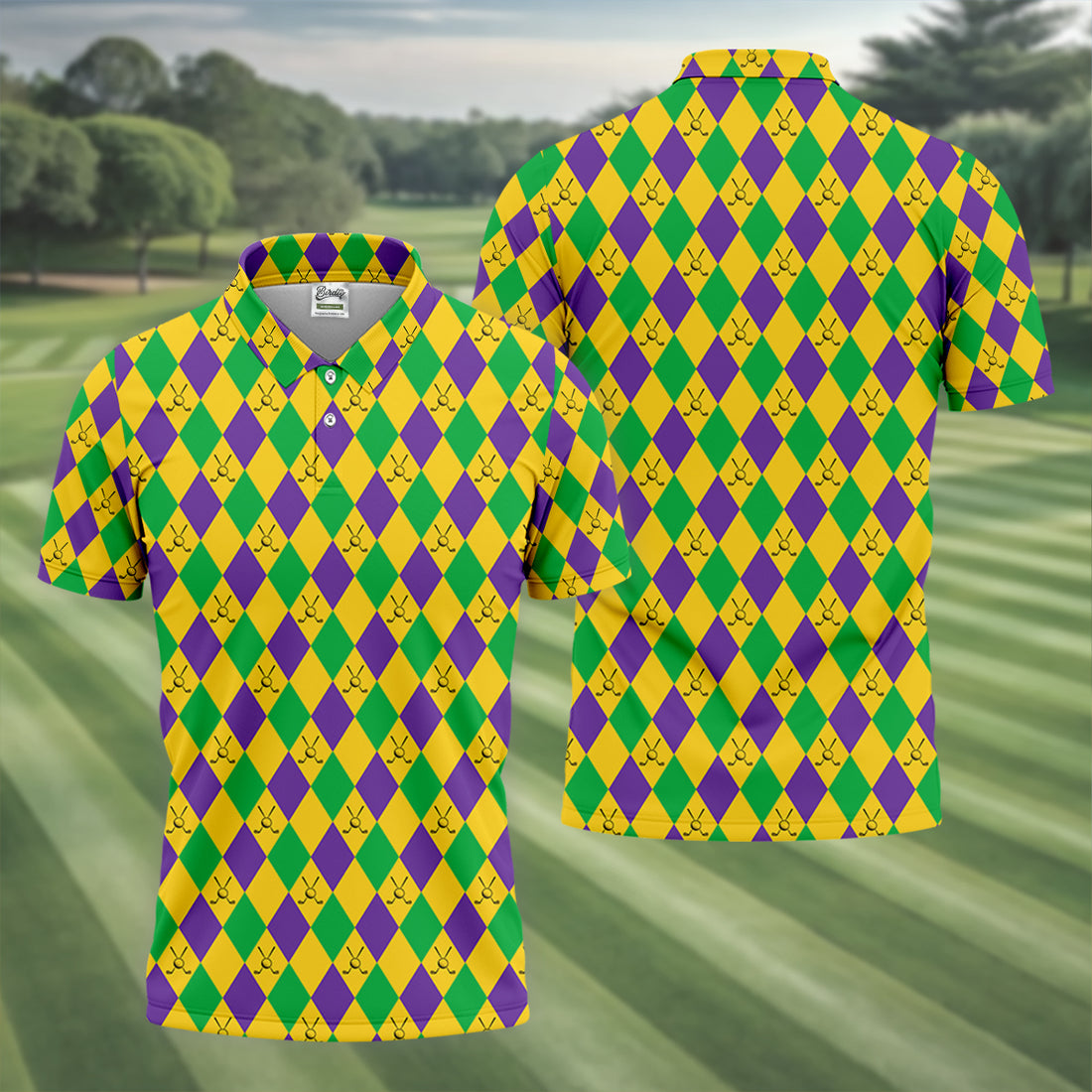 Green Gold Purple Argyle Pattern Mardi Gras Golf Shirt, Polo Shirts For Men, Golf Shirts For Men
