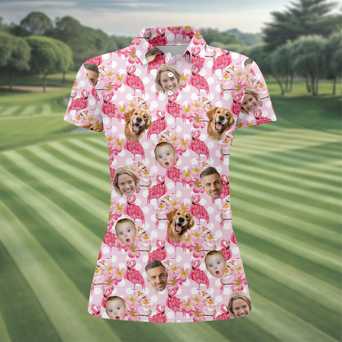 Pink Flamingo Hawaiian Shirt, Ladies Floral Shirt, Custom Face Shirt, Matching Hawaiian Outfits, Ladies Golf Shirts