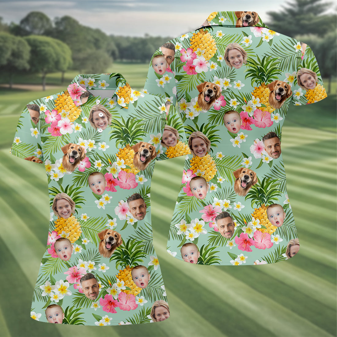 Yellow Pineapple Floral Hawaiian Shirt, Custom Face Shirt, Ladies Long Sleeve Golf Shirts, Ladies Golf Polos
