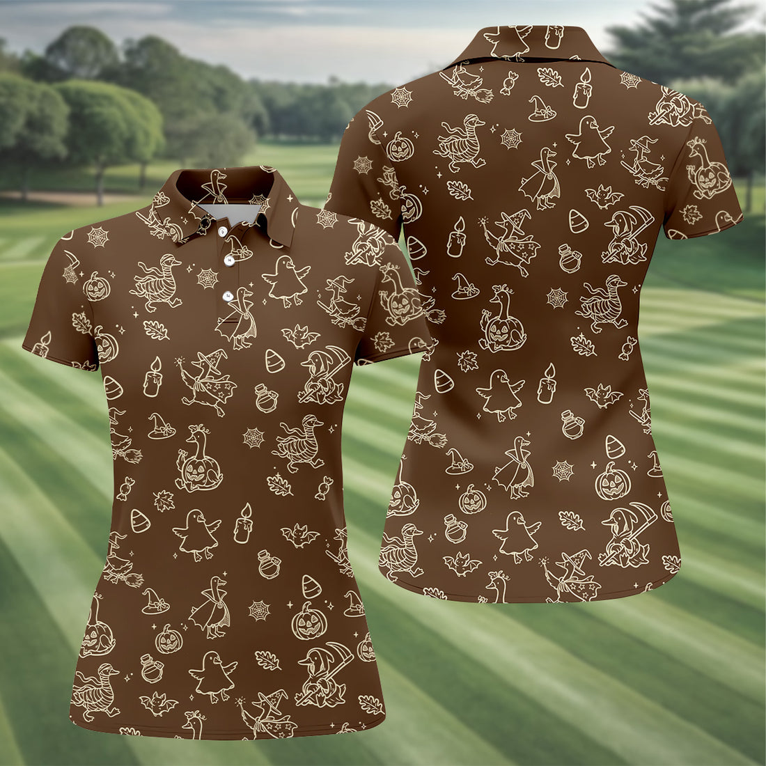 Goose Halloween Golf Shirt, Pumpkin Pattern Golf Shirt, Brown Golf Polo, Women Golf Top, Ladies Golf Shirts