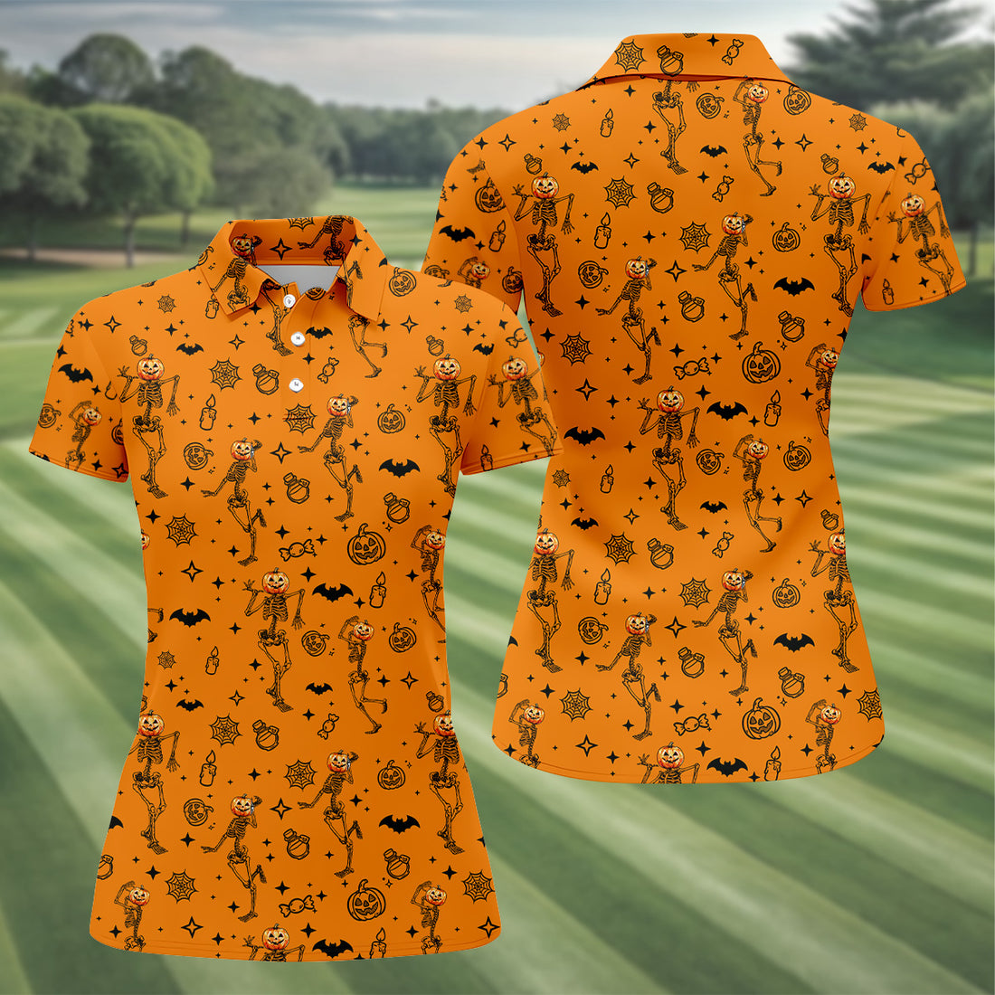 Skeleton Orange Golf Shirt, Halloween Golf Shirt, Fun Golf Polos, Sleeveless Womens Golf Shirts, Ladies Golf Shirts