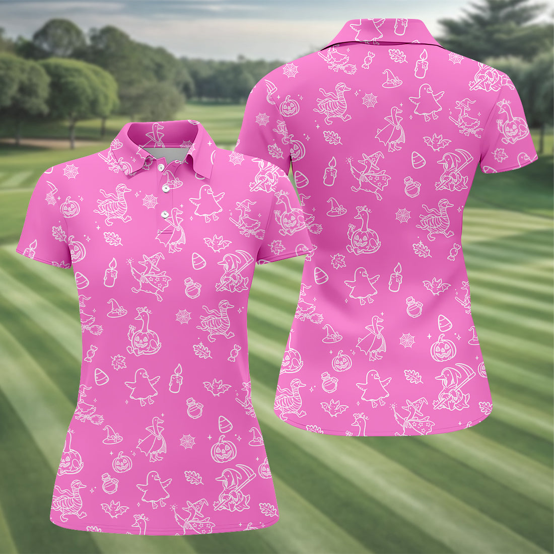 Goose Halloween, Doodle Pattern, Pink Golf Shirt, Sleeveless Womens Golf Shirts, Women Golf Top, Ladies Golf Shirts