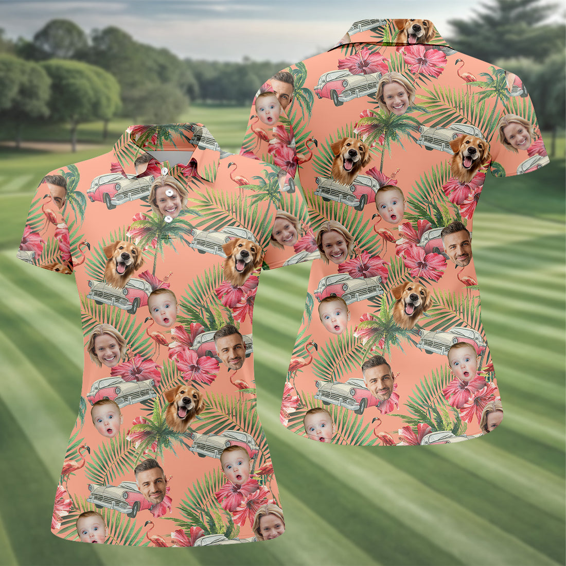 Hibiscus Shirt, Palm Tree Shirt, Pink Hawaiian Tops For Women, Custom Face Shirt, Ladies Golf Shirts