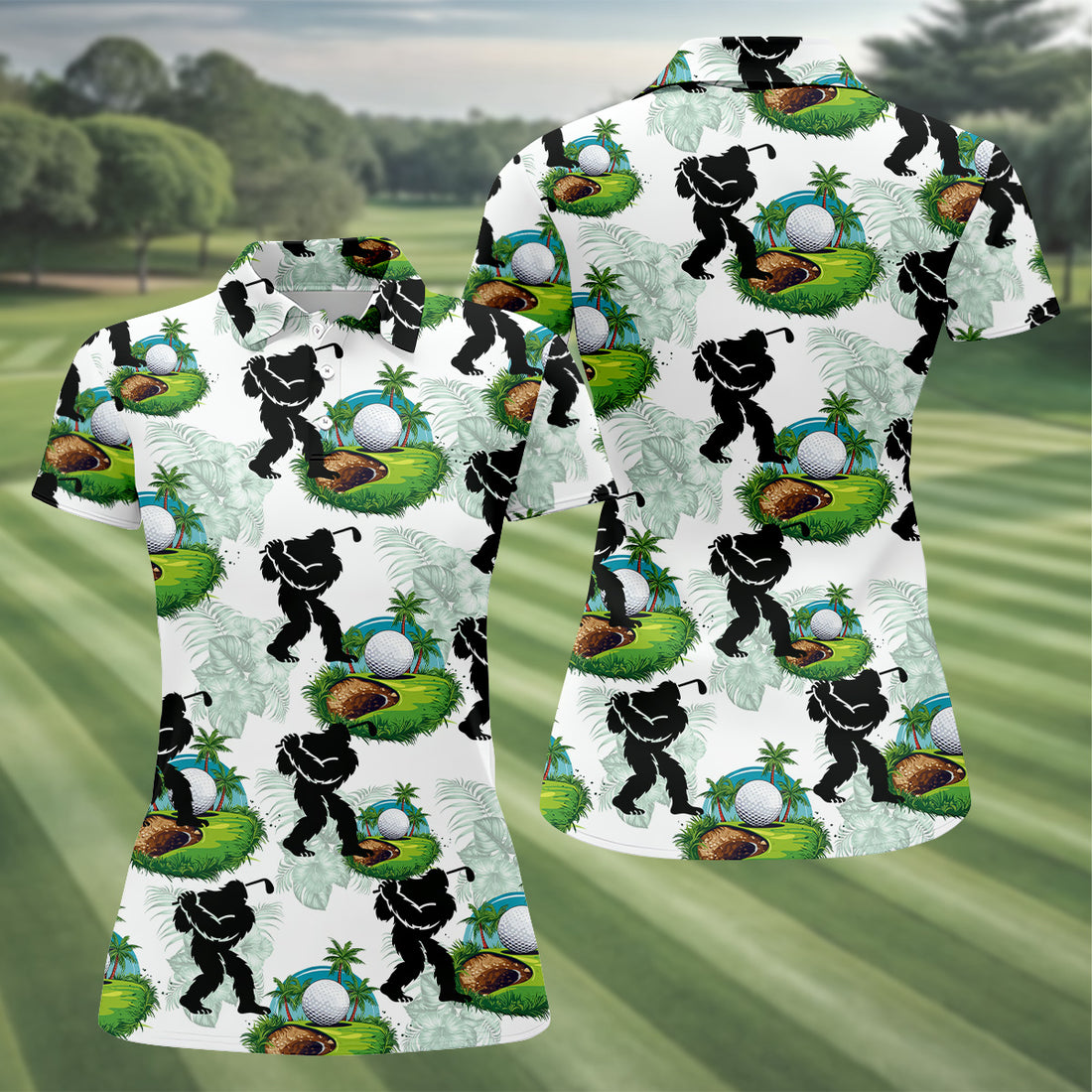 Tropical Golf Cart Bigfoot Golf Shirt, Funny Bigfoot Women Golf Top, Ladies Golf Shirts, Cool Golf Gifts