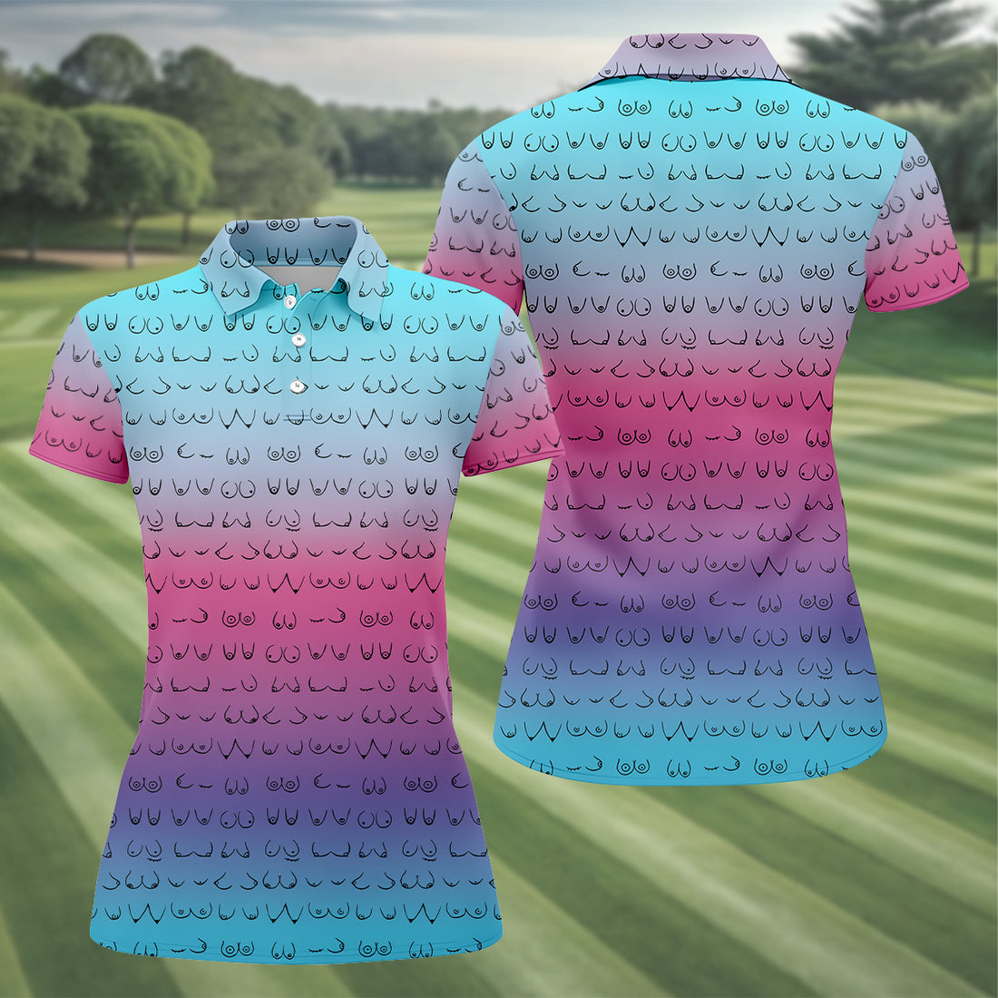 Blue Pink Ombre Fun Womens Golf Shirts, Womens Golf Tops, Ladies Golf Shirts, Cool Golf Gift