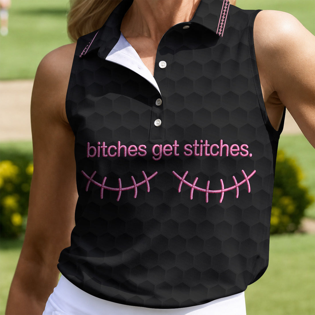 Bitches Get Stitches Breast Cancer Polo Shirt, Ladies Golf Shirt, Women's Golf Tops