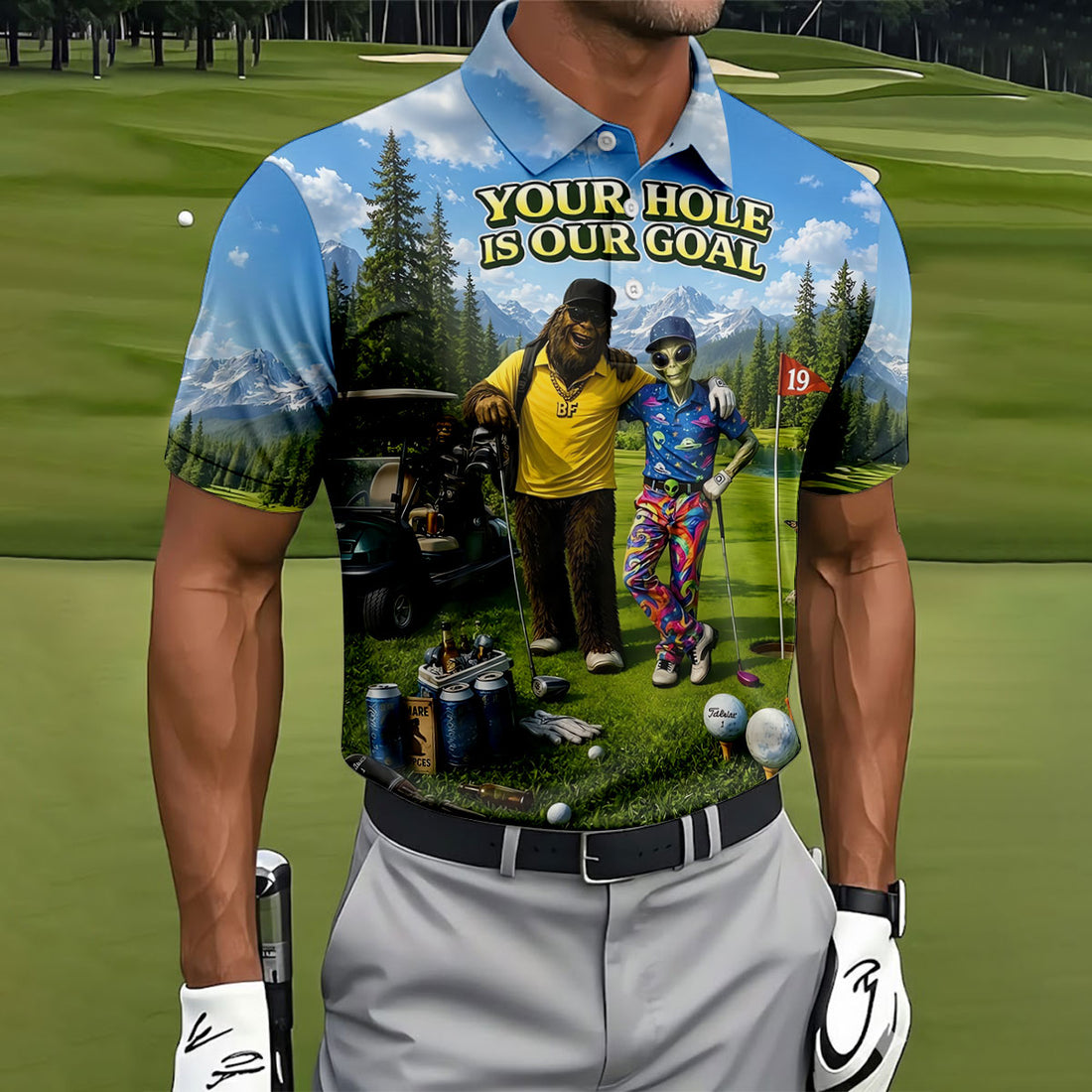 Your Hole Is Our Goal Funny Bigfoot Alien Golf Polo Shirt, Mens Golf Apparel, Golf Shirt