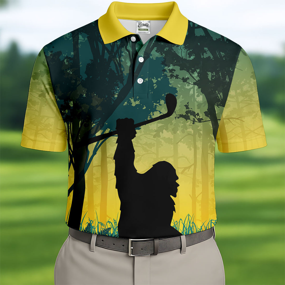 Bigfoot Golfer Forest Silhouette Polo Shirt, Golf Polo Shirts For Men, Mens Golf Apparel