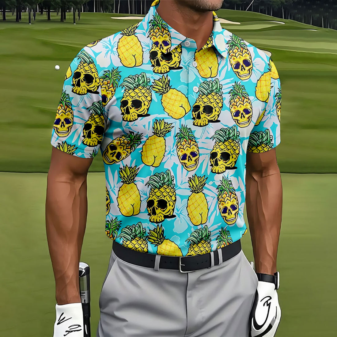 Tropical Pineapple Skull Pattern Golf Shirt, Mens Golf Shirts, Hawaiian Golf Shirt, Golf Apparel For Men