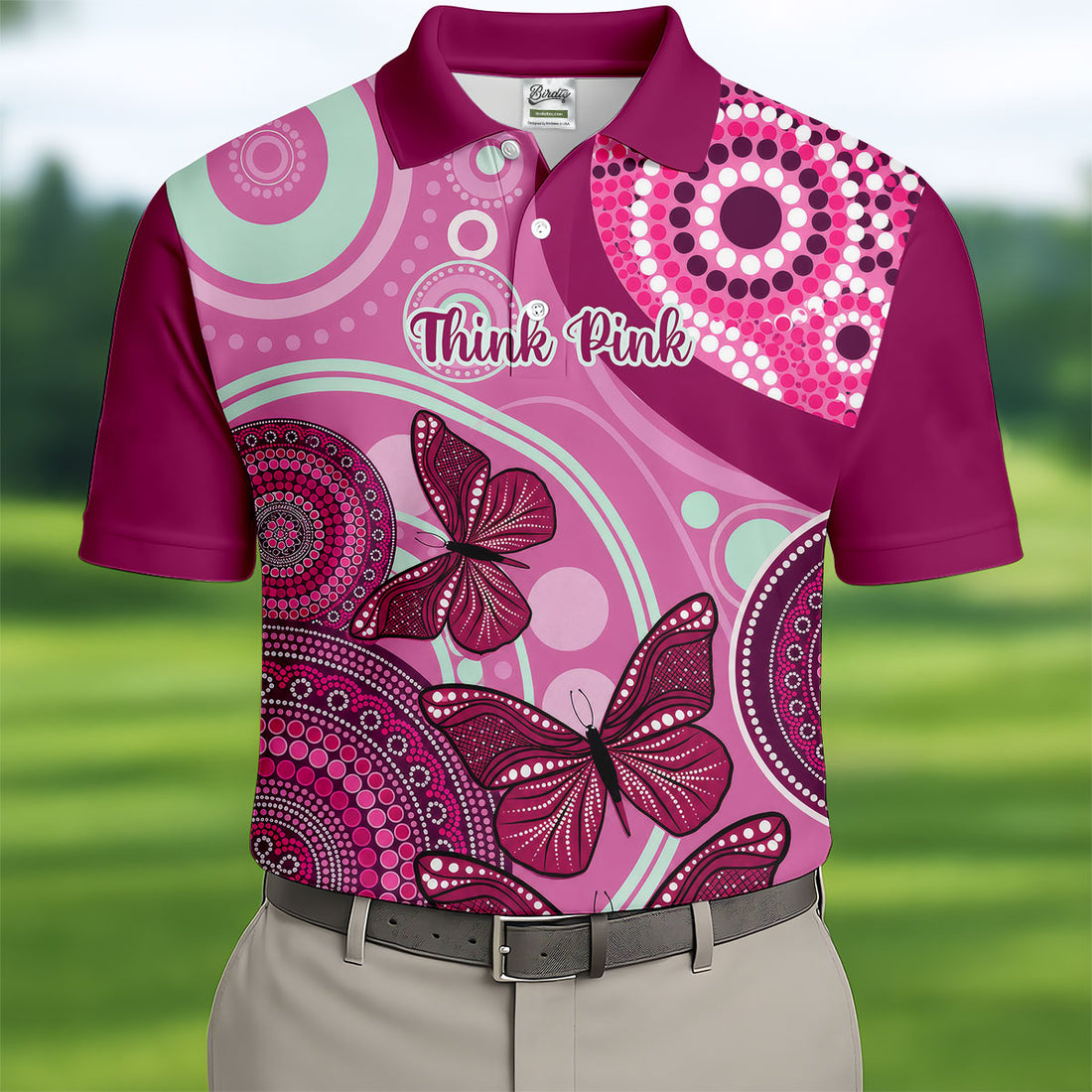 Think Pink No One Fights Alone Breast Cancer Shirt, Men's Golf Shirt, Mens Golf Polo