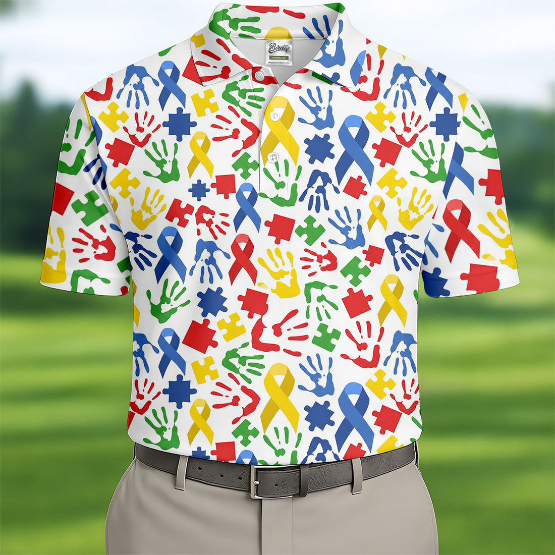 Autism Ribbon Colorful Puzzle Pieces Handprints Golf Tops For Men, Polo Shirts For Men, Golf Shirts For Men