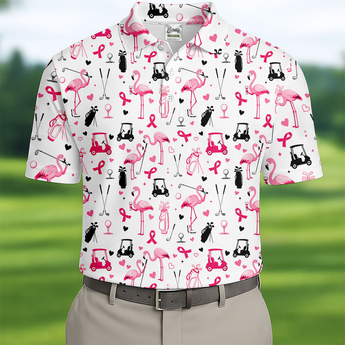 Pink Flamingo Golf Pattern Breast Cancer Polo Shirt, Hawaiian Shirts For Men, Mens Golf Polo