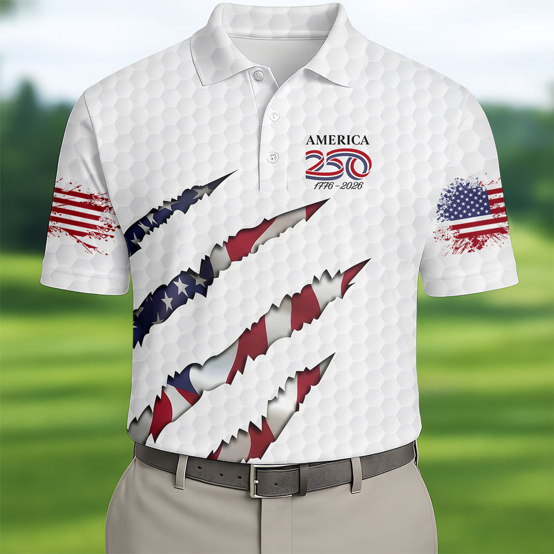 America 250 1776-2026 Scratched Flag Golf Ball Pattern White Golf Shirt, Patriotic 4th Of July Golf Shirts For Men