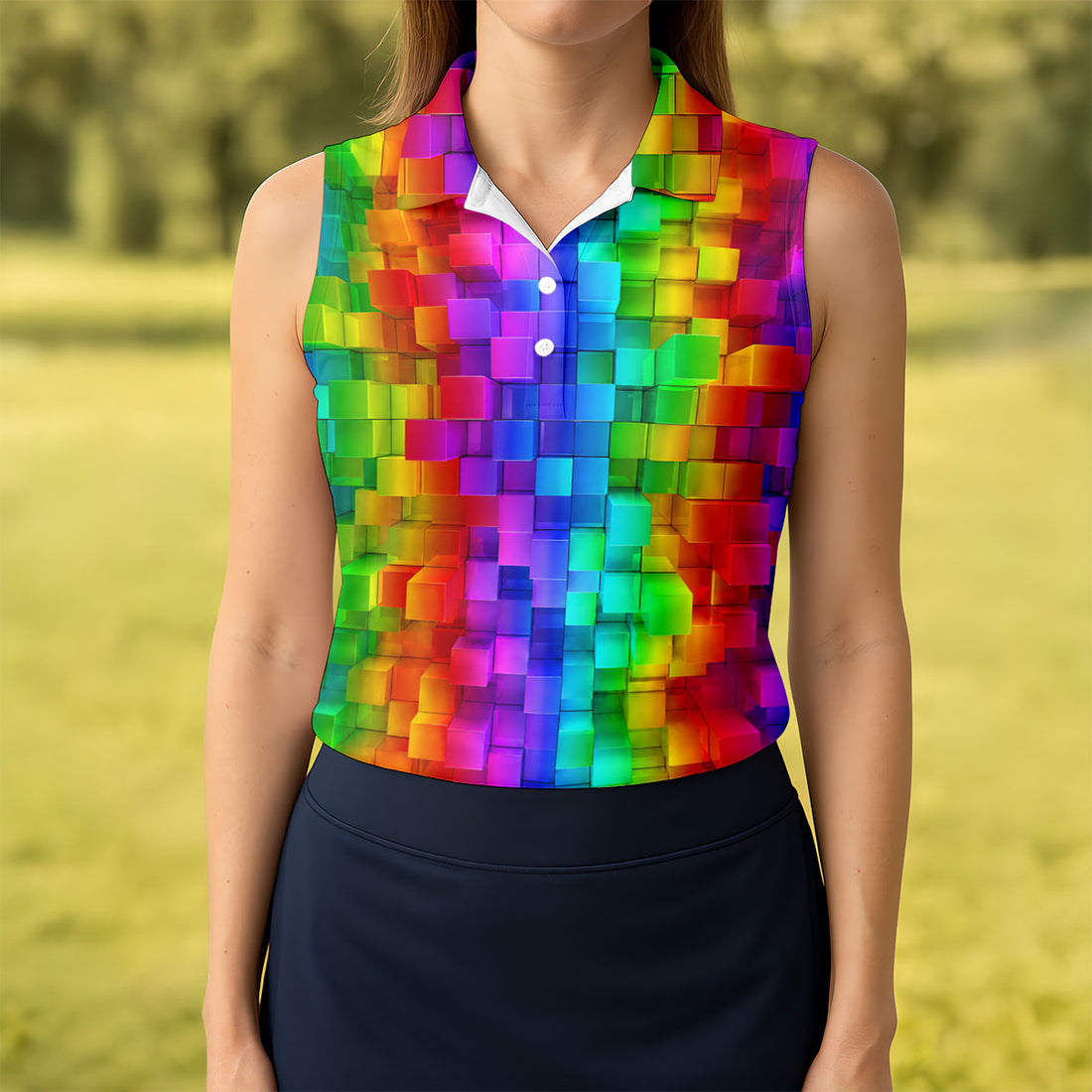 Rainbow Cube 3D Effect LGBT Support Ladies Golf Tops, Gay Pride Month Celebrate Golf Shirt For Women