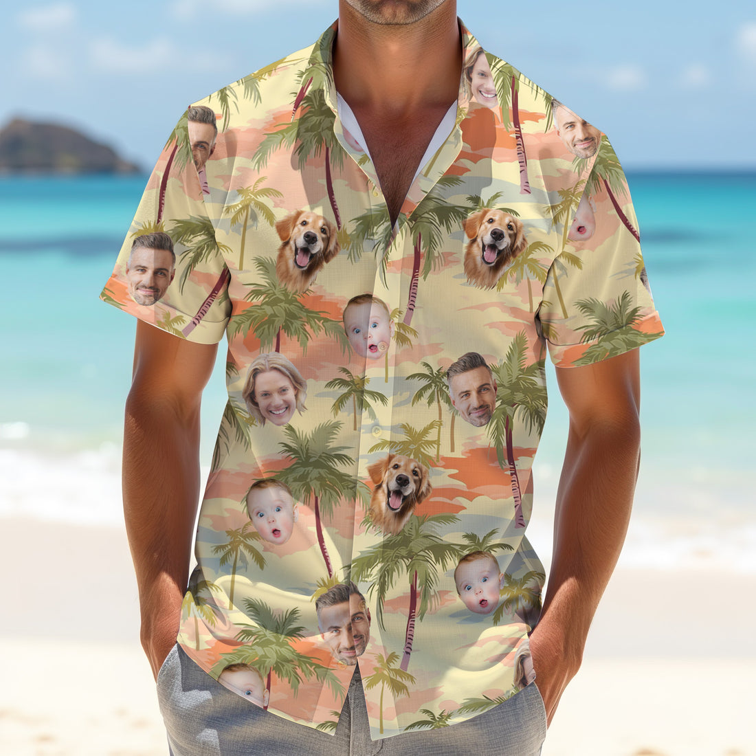 Yellow Sunset Hawaiian Shirt With Face, Men Golf Polo, Matching Hawaiian Outfits, Long Sleeve Polo