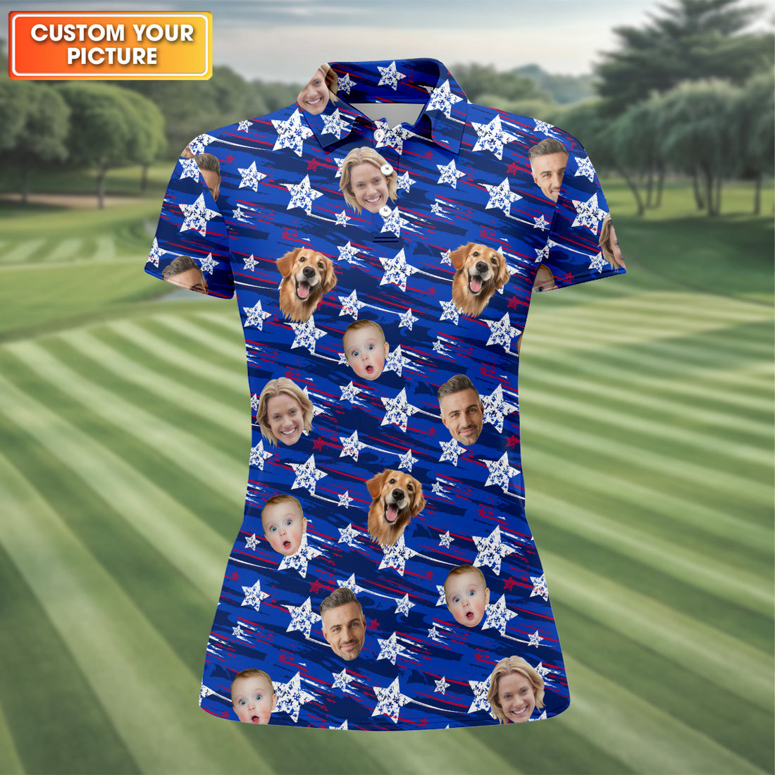 Family Portrait Golf Shirt, Patriotic Golf Shirt, Golf Shirt Gift For Women, Women's Golf Polo Shirt, USA Golf Shirt For Ladies