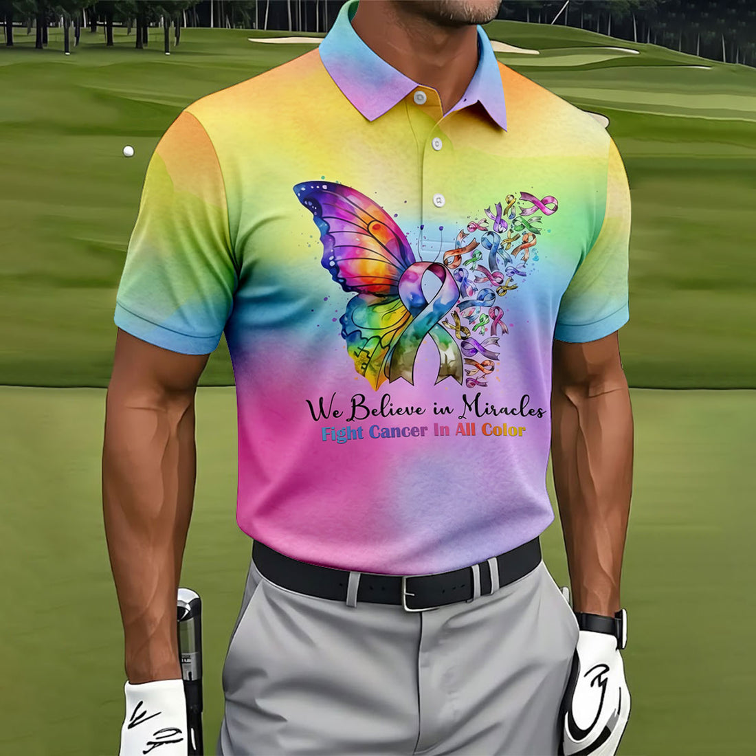 We Believe In Miracles Butterfly Cancer Polo Shirt, Men's Golf Shirt, Mens Golf Apparel