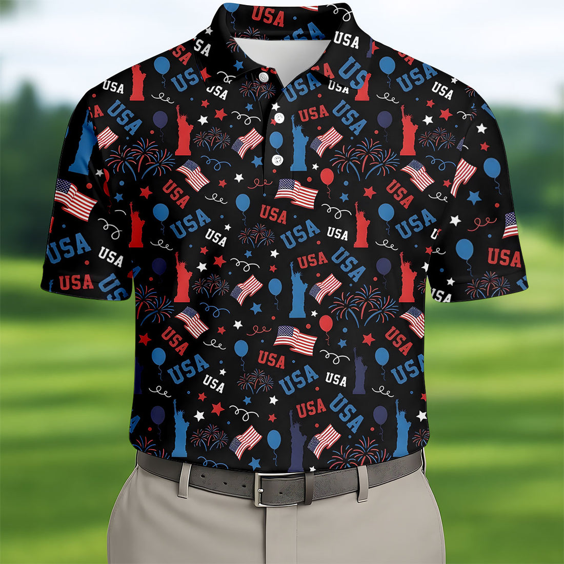 USA Red White Blue Seamless Pattern Black Golf Shirt, 250th Anniversary Patriotic 4th Of July Golf Shirts For Men