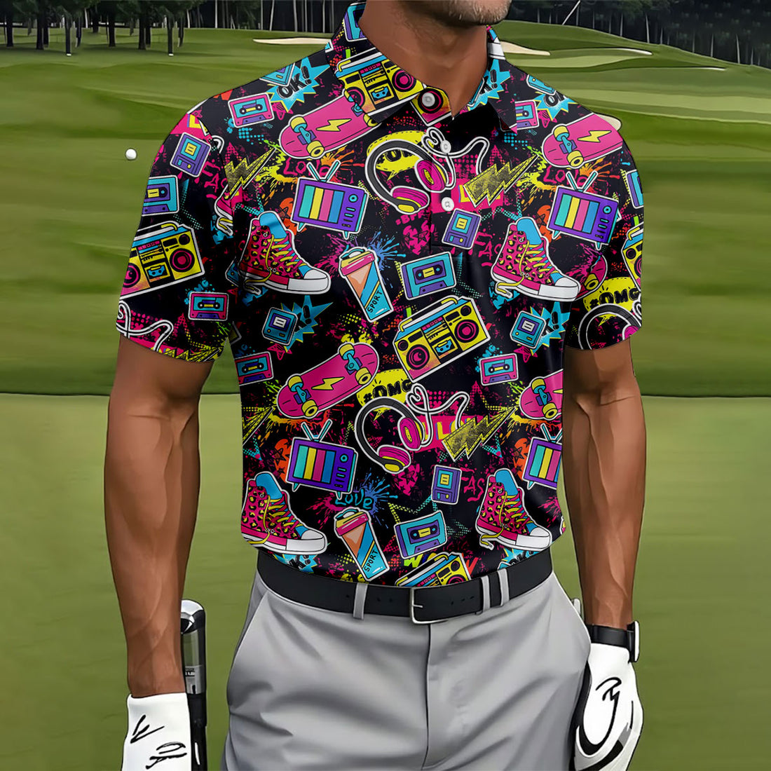 Retro 80s Colorful Pop Art Golf Tops For Men, Vintage 90s Neon Pattern Golf Shirts For Men