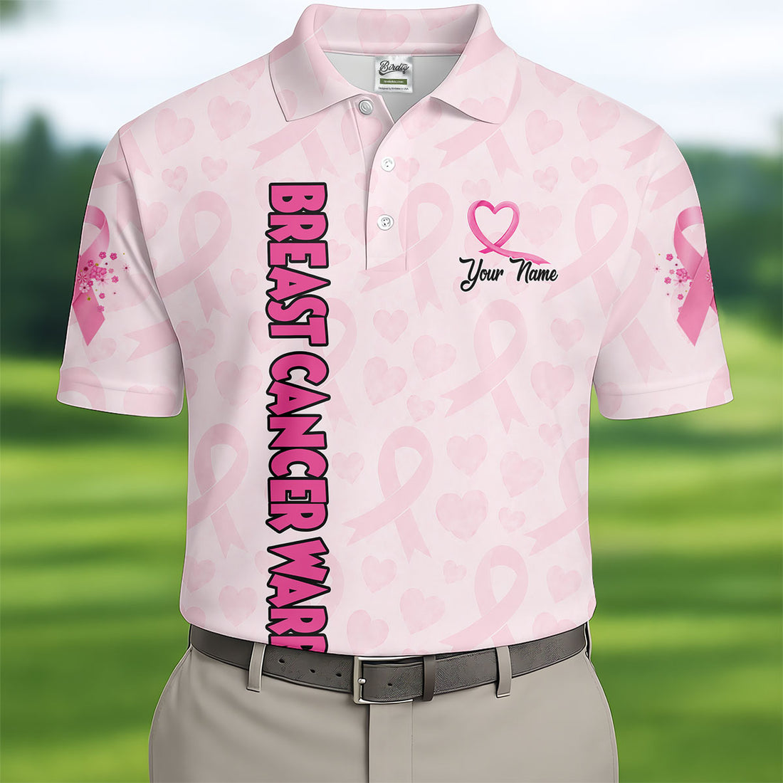 Personalized Breast Cancer Warrior Pink Ribbon Polo, Mens Golf Polo, Golf Apparel For Men