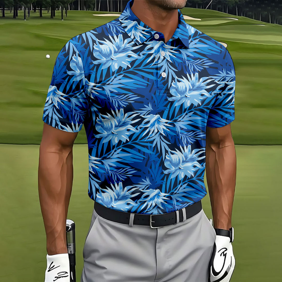 Blue Tropical Hibiscus Floral Golf Shirt, Mens Polo Shirts, Golf Apparel For Men