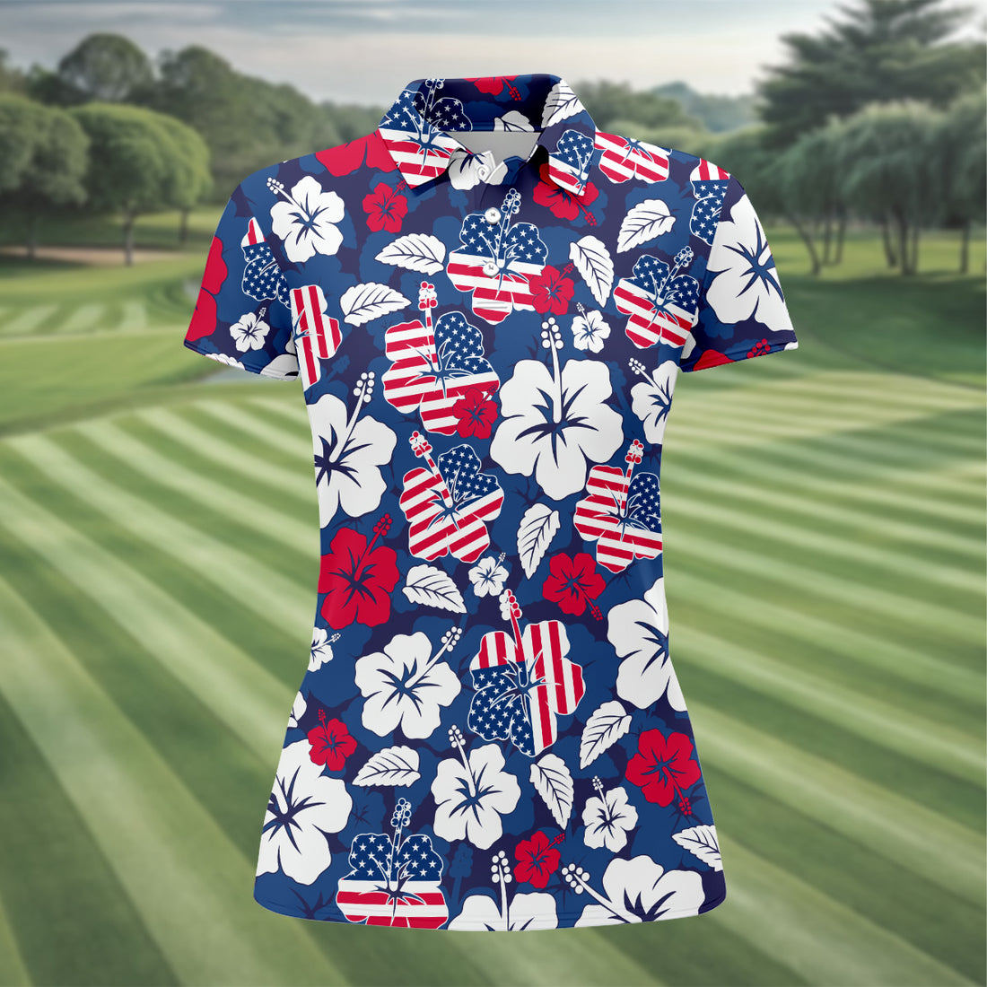 Tropical Hibiscus American Flag Womens Golf Polo Shirt, Women's 4th Of July Shirts, Custom Ladies Golf Shirt