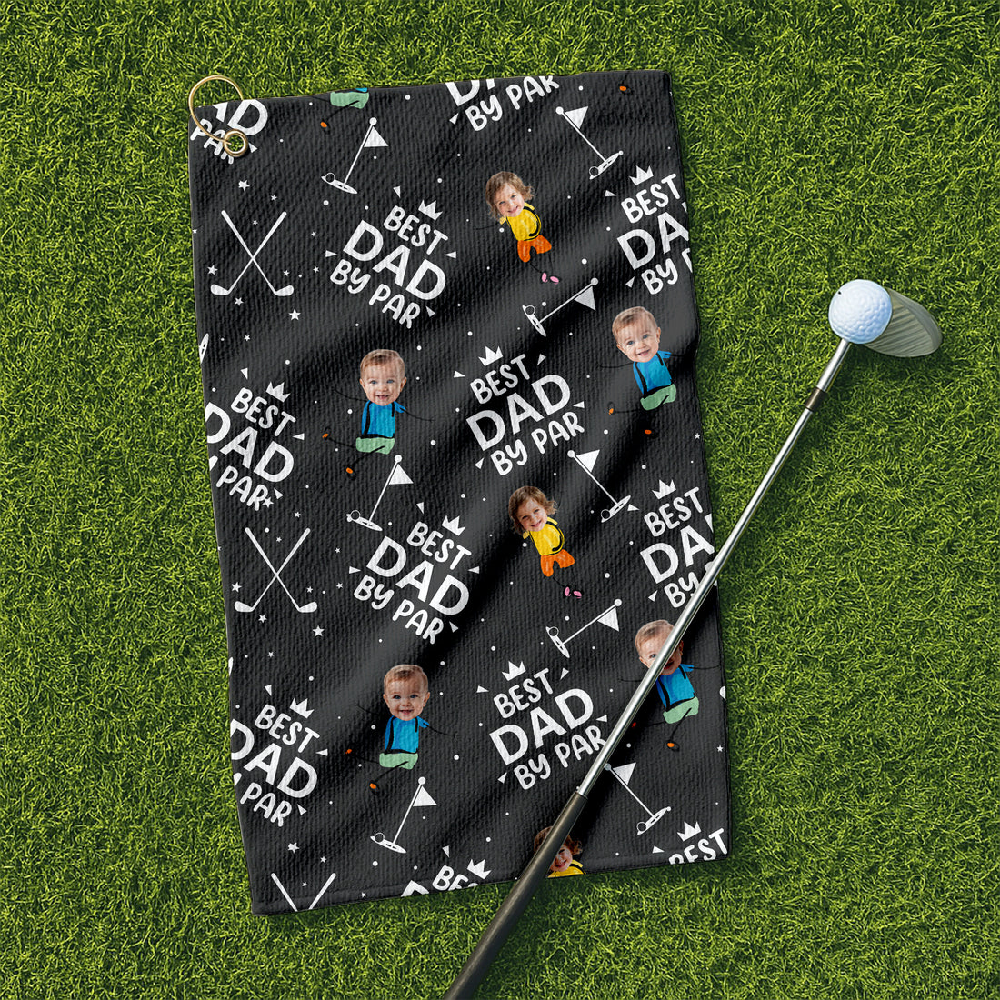 Best Dad By Par Custom Face Microfiber Waffle Black Small Funny Golf Towel, Dad Golf Gifts