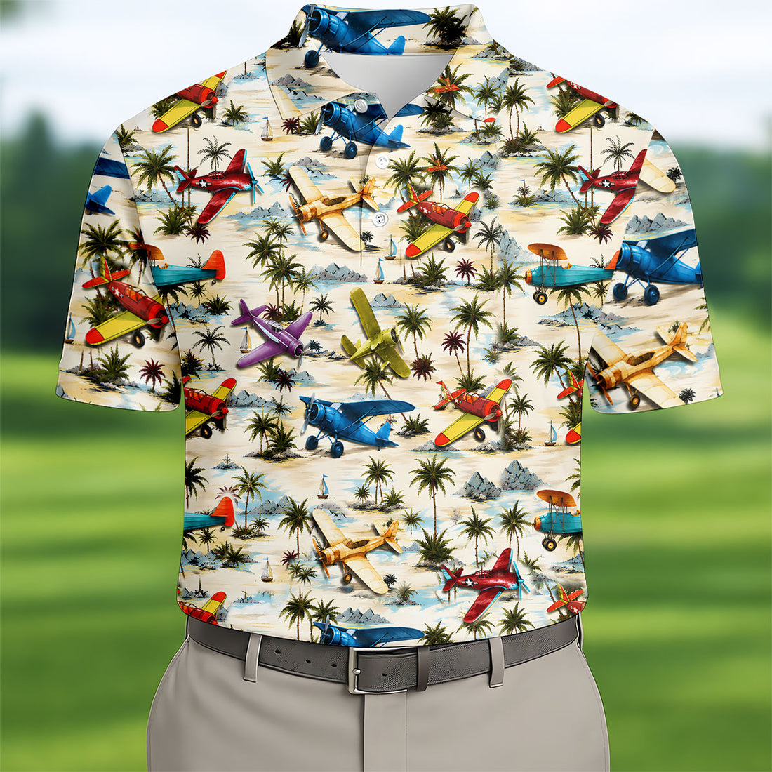 Vintage Airplane Hawaiian Golf Shirt, Tropical Aircraft Pattern, Polo Shirts For Men