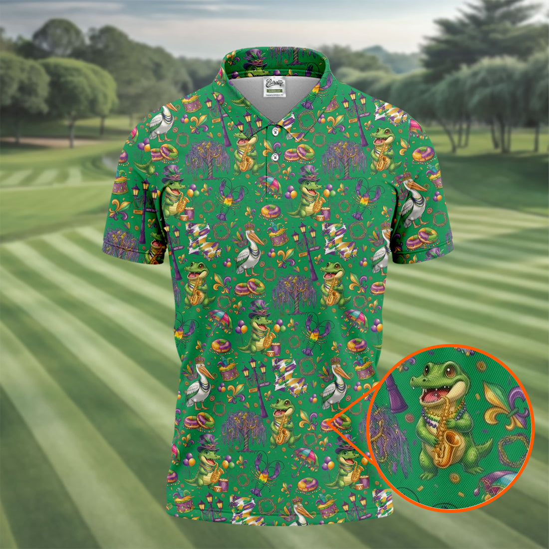 Mardi Gras Fleur De Lis Animal Band Green Golf Shirt, Golf Tops For Men, Polo Shirts For Men