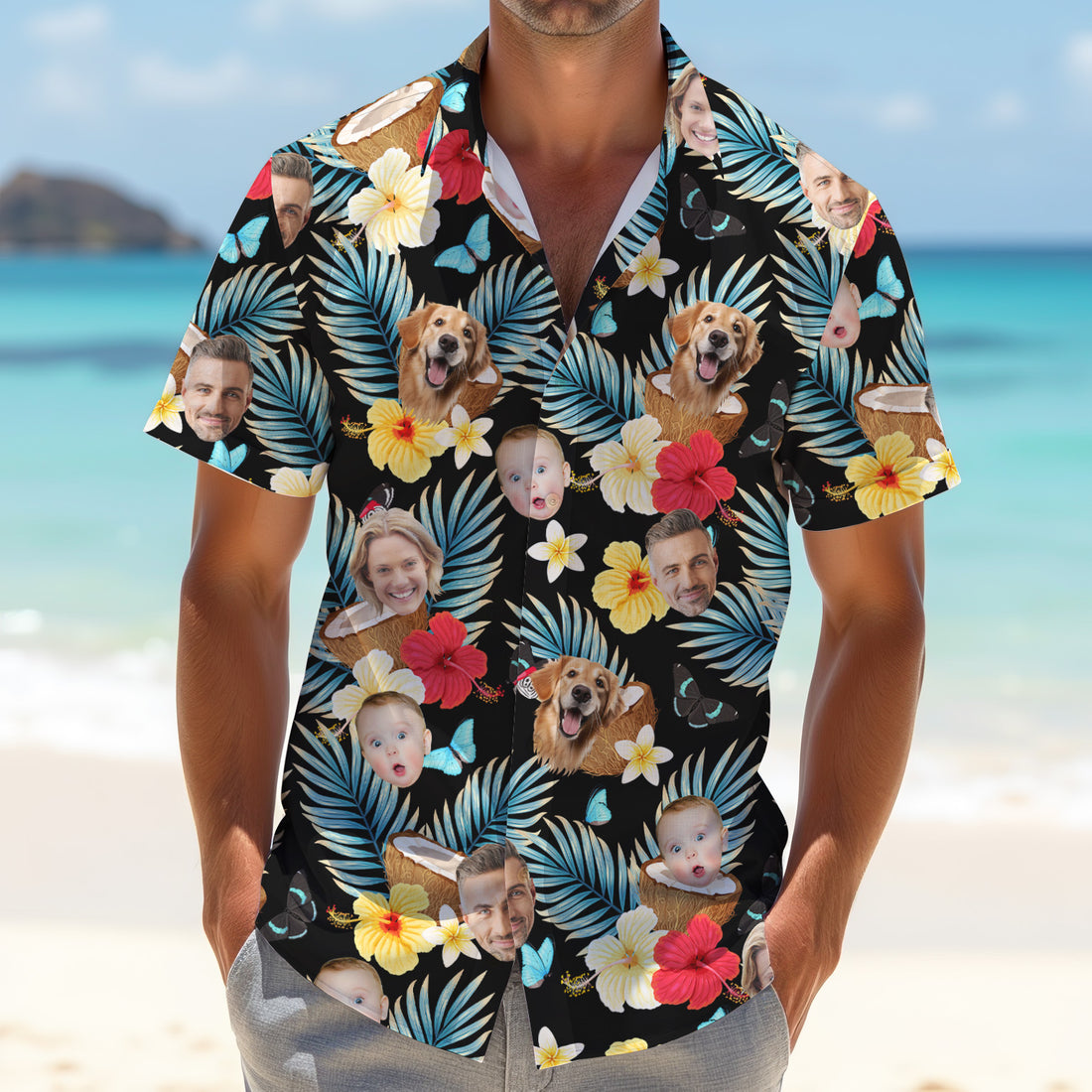 Red And Yellow Hibiscus, Mens Black Hawaiian Shirt, Custom Face Shirt, Best Gifts For Men Golfers