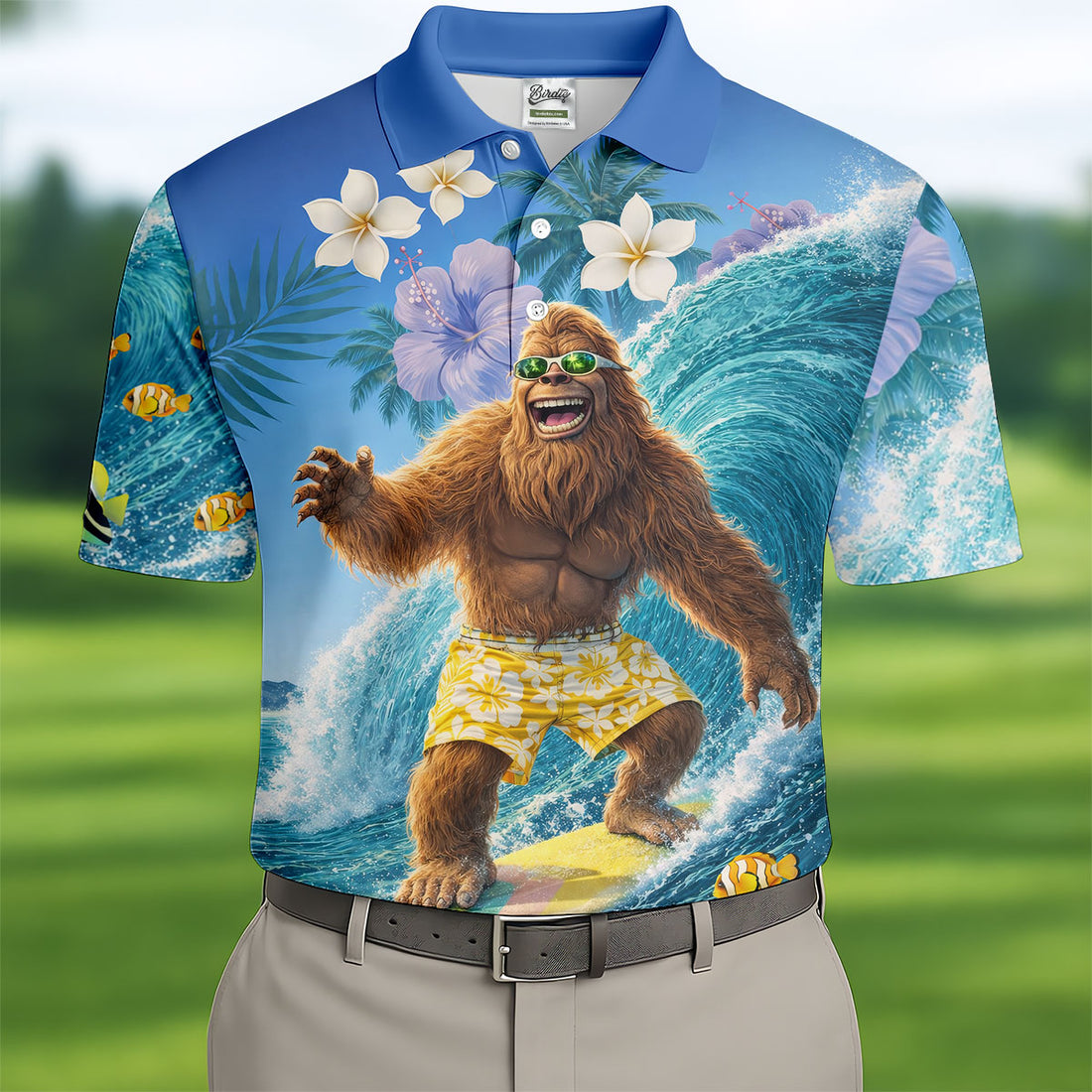 Surfing Bigfoot Riding Ocean Waves Design Hawaiian Golf Polo, Golf Tops For Men, Golfing Apparel