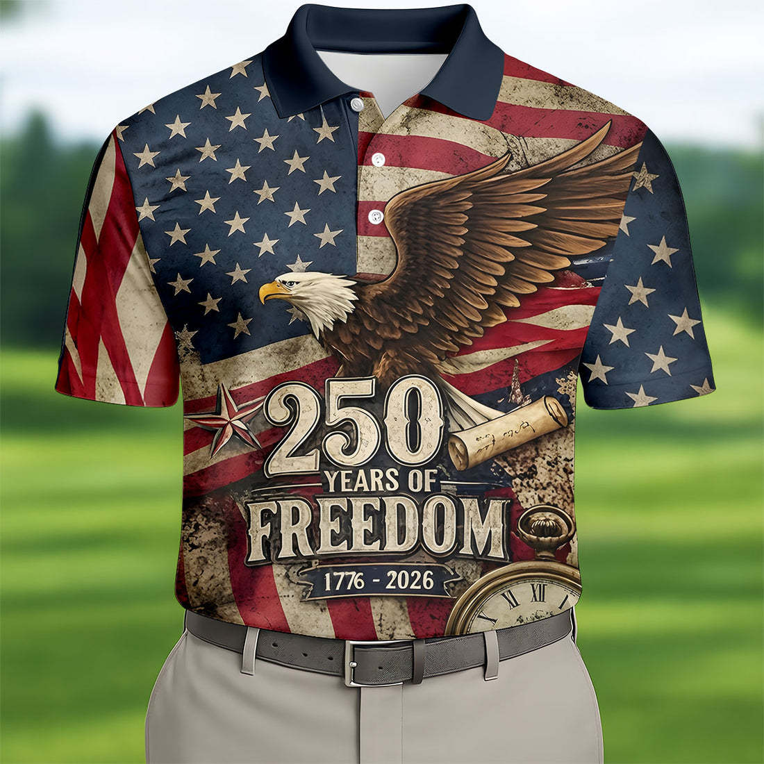 250 Years Of Freedom US Bald Eagle Retro US Flag Golf Tops For Men, Patriotic 4th Of July Golf Shirts For Men