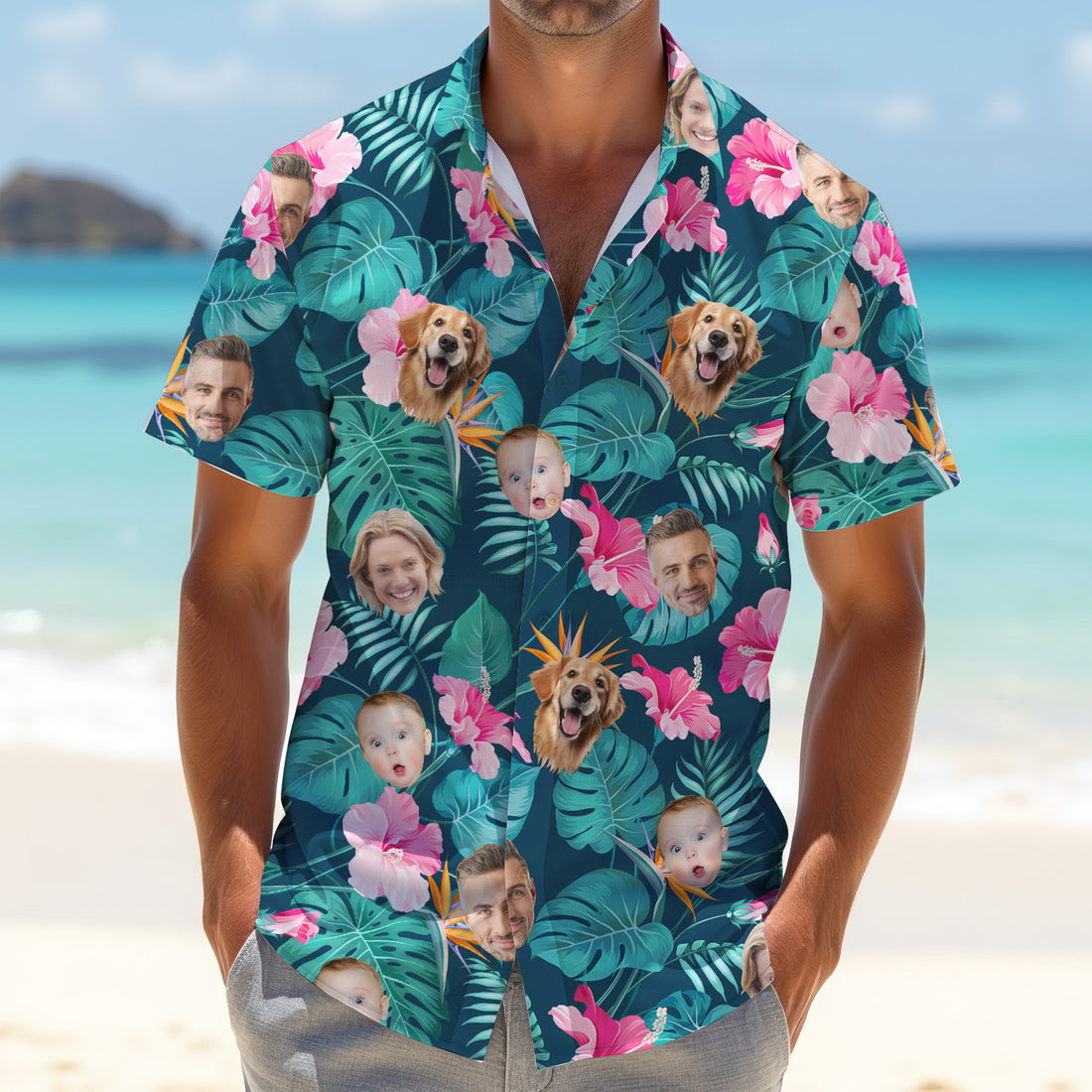 Palm Leaf Pattern, Hibiscus Shirt, Green Hawaiian Shirt, Custom Face Shirt, Men Polo Shirt, Long Sleeve Golf Shirts
