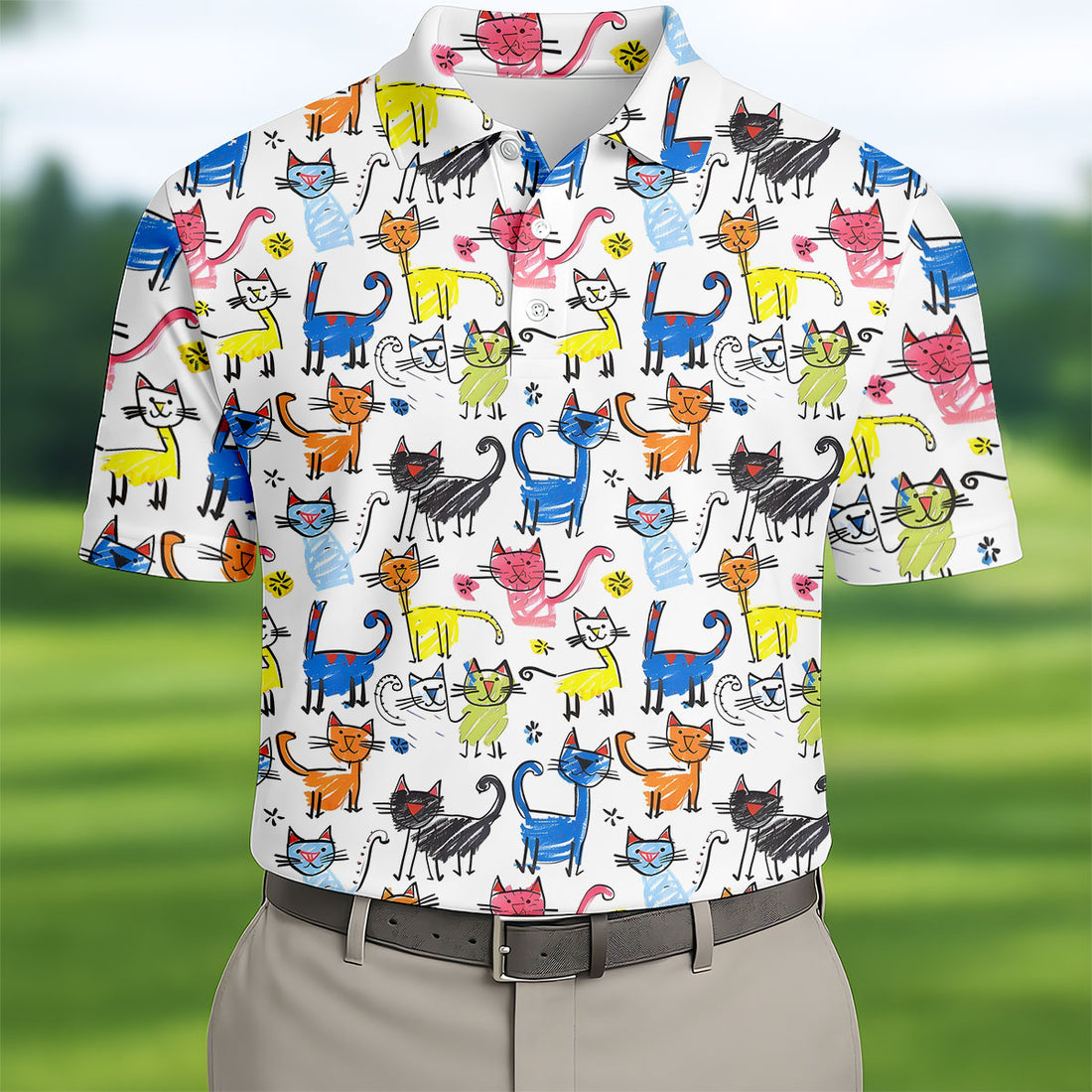 Cartoon Cat Golf Shirt, Colorful Doodle Cat Pattern, Polo Shirts For Men