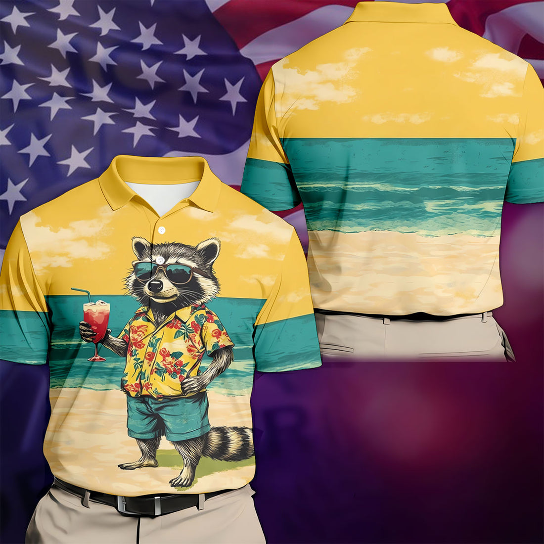 Cool Raccoon Tropical Yellow Hawaiian Golf Polo, Golf Tops For Men, Golfing Apparel