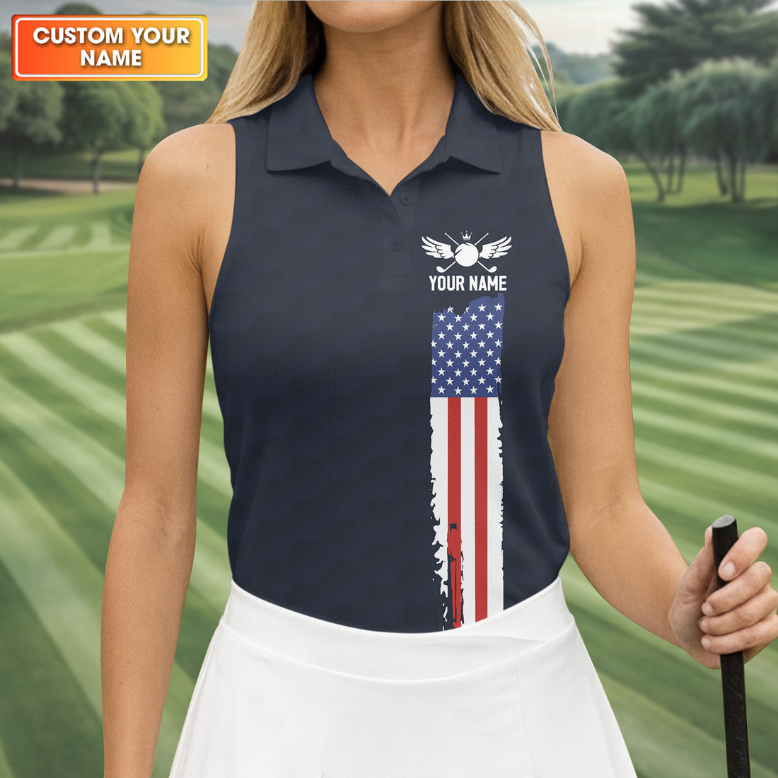 American Flag Patriot Red White Blue Women's Golf Shirts, 250th Anniversary Ladies Golf Shirt