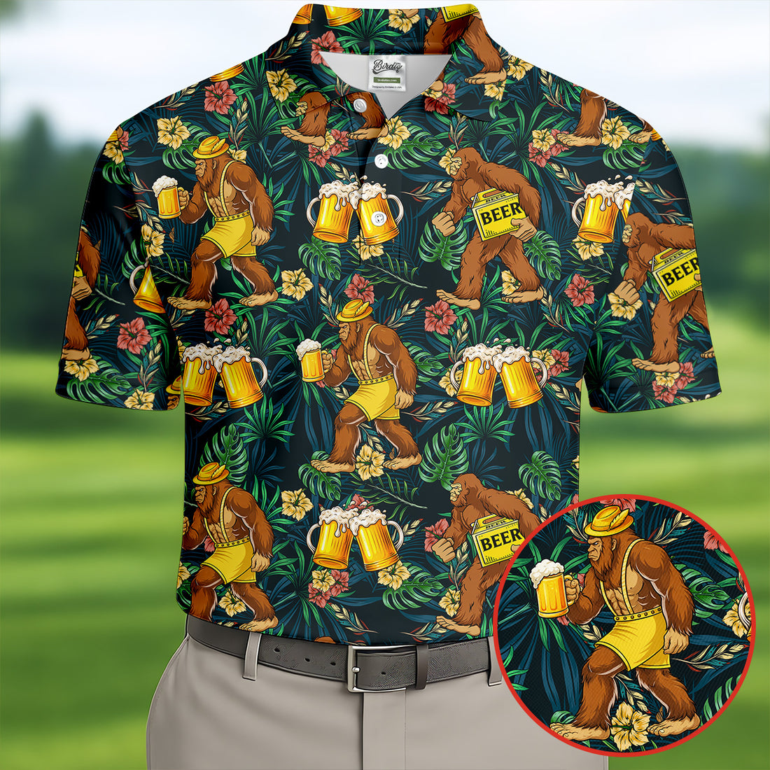 Funny Sasquatch Holding Beer Mugs Hawaiian Golf Polo, Golf Tops For Men, Golfing Apparel