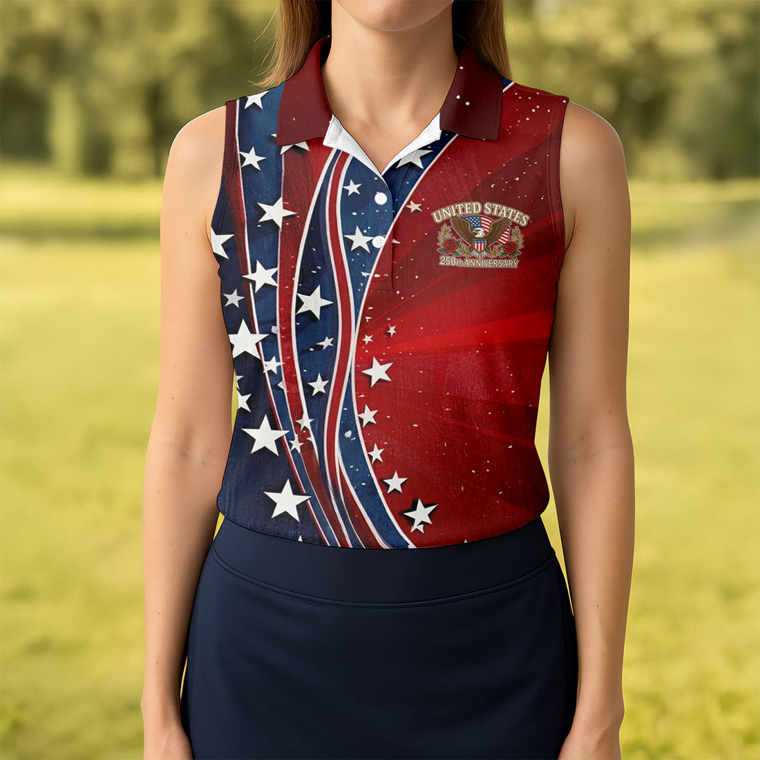 US 250th Anniversary Red White Navy Stars And Stripes Patriotic Golf Shirt, 4th Of July Golf Shirt For Women