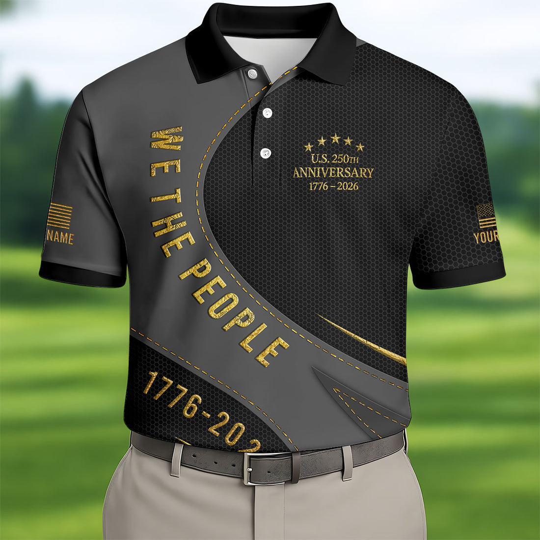 We The People US 250th Anniversary Black And Gold Patriotic Golf Shirt, 4th Of July Golf Shirts For Men