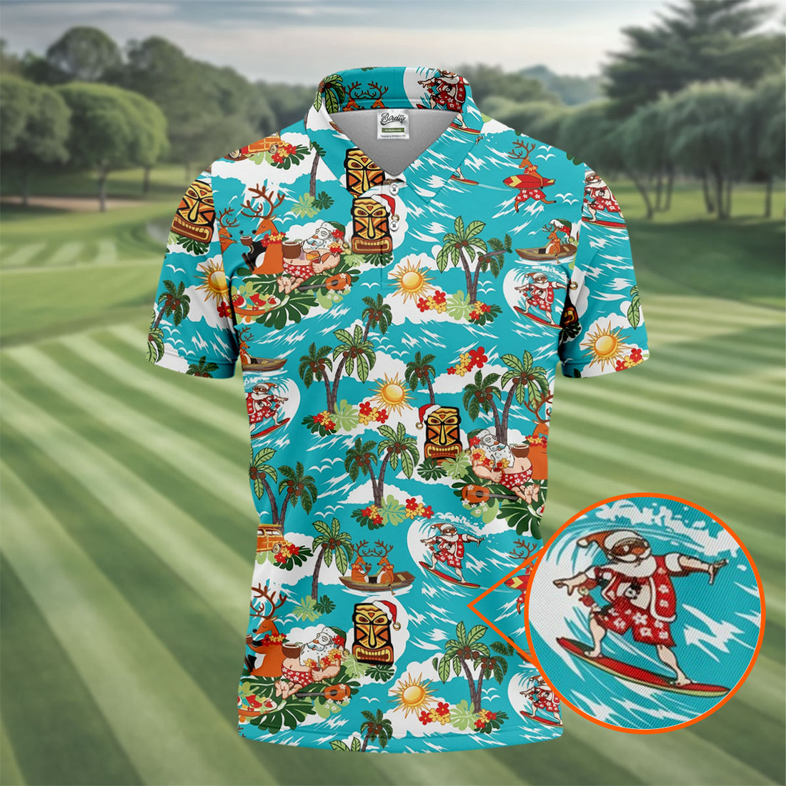 Men's Funny Surfing Santa Hawaiian Golf Shirt, Christmas Golf Shirt, Fun Golf Polo For Men