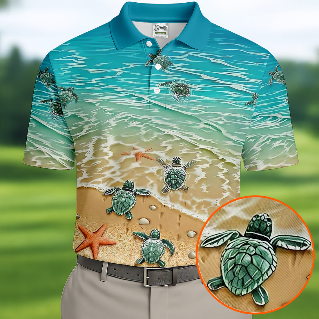 Sea Turtle Print Hawaiian Golf Shirt, Beach Theme Men's Golf Shirt, Polo Shirts For Men