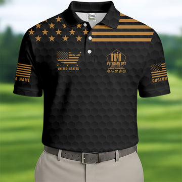 Custom Name Gold Star Veterans Day Polo Shirt, Mens Golf Shirts, Golf Apparel For Men