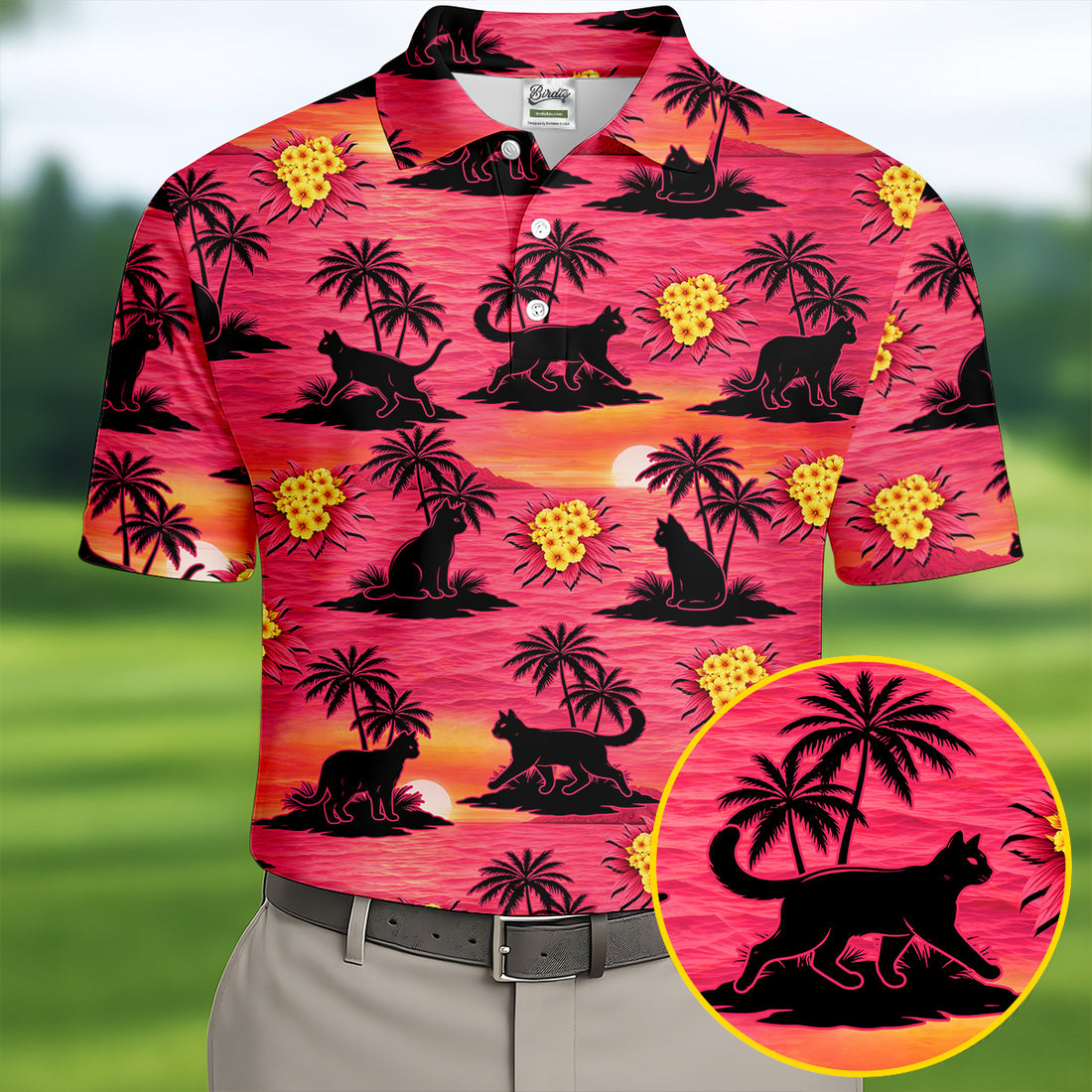 Tropical Cat Sunset Pattern Hawaiian Golf Polo, Golf Tops For Men, Golfing Apparel