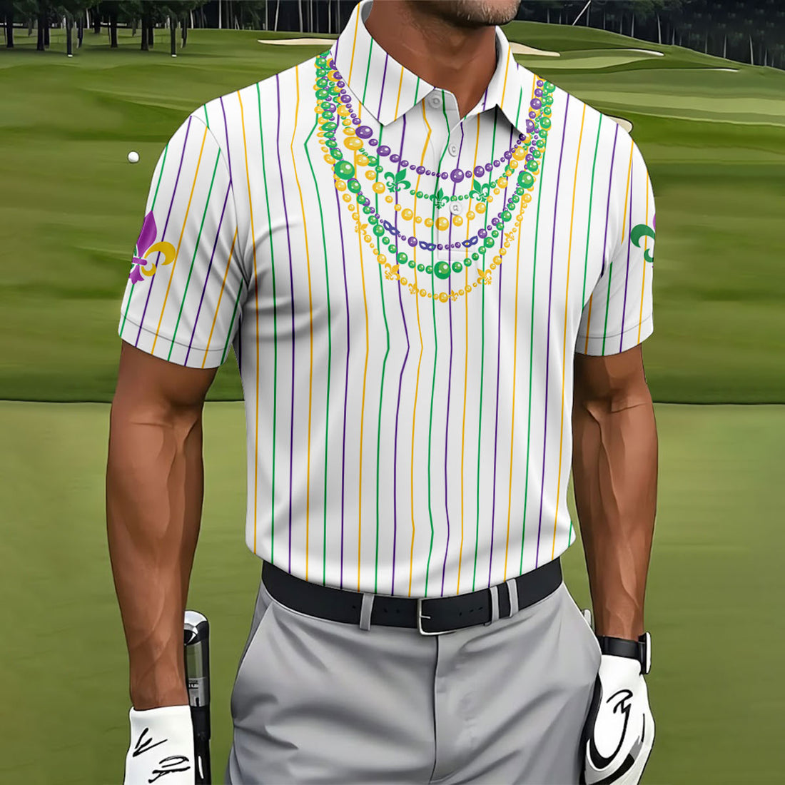 Mardi Gras Beads Necklaces Print White Golf Shirt, Golf Tops For Men, Polo Shirts For Men, Golf Shirts For Men